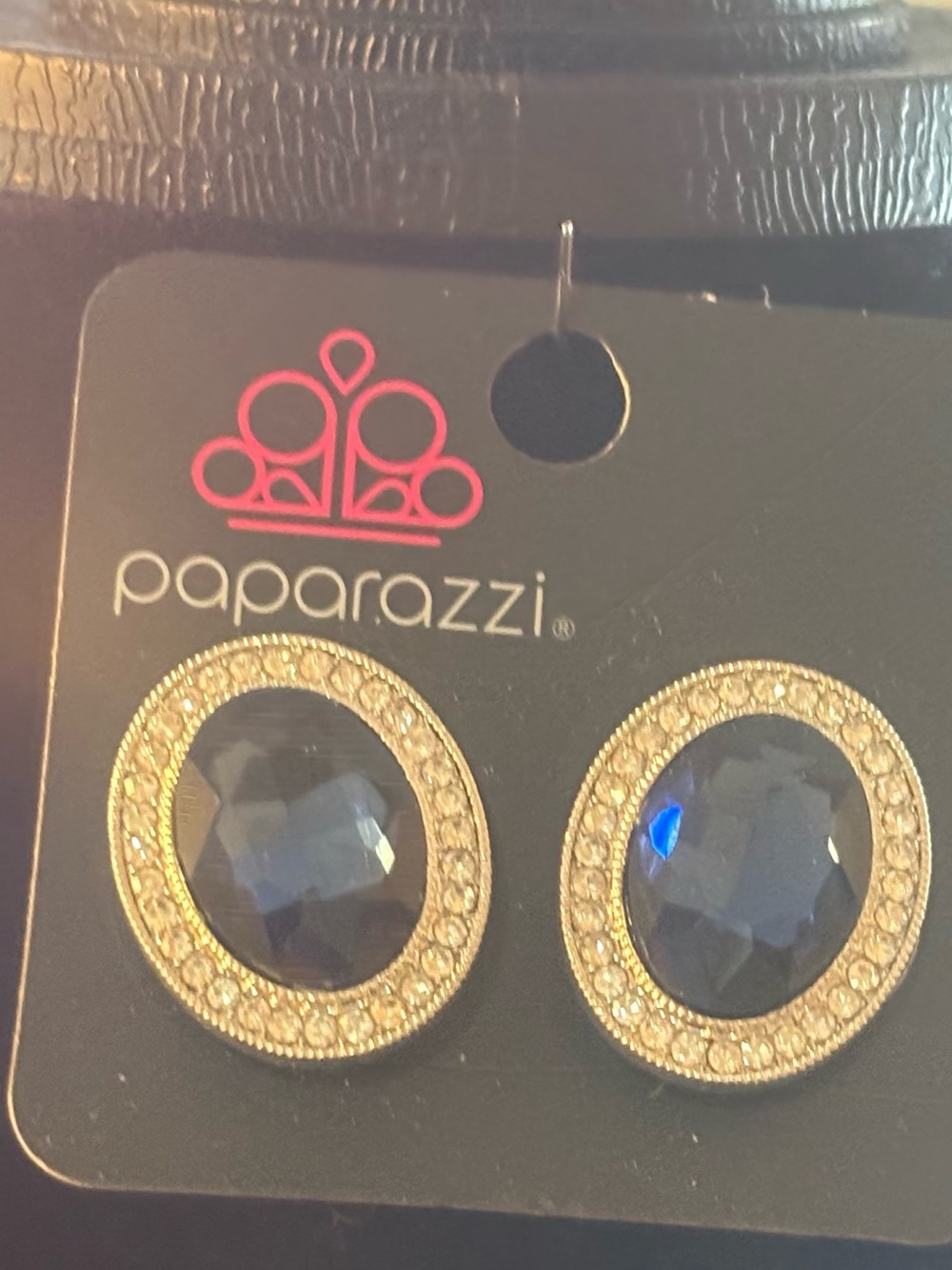 paparazzi, beautiful Blue stone with silver crystals clasp back earrings